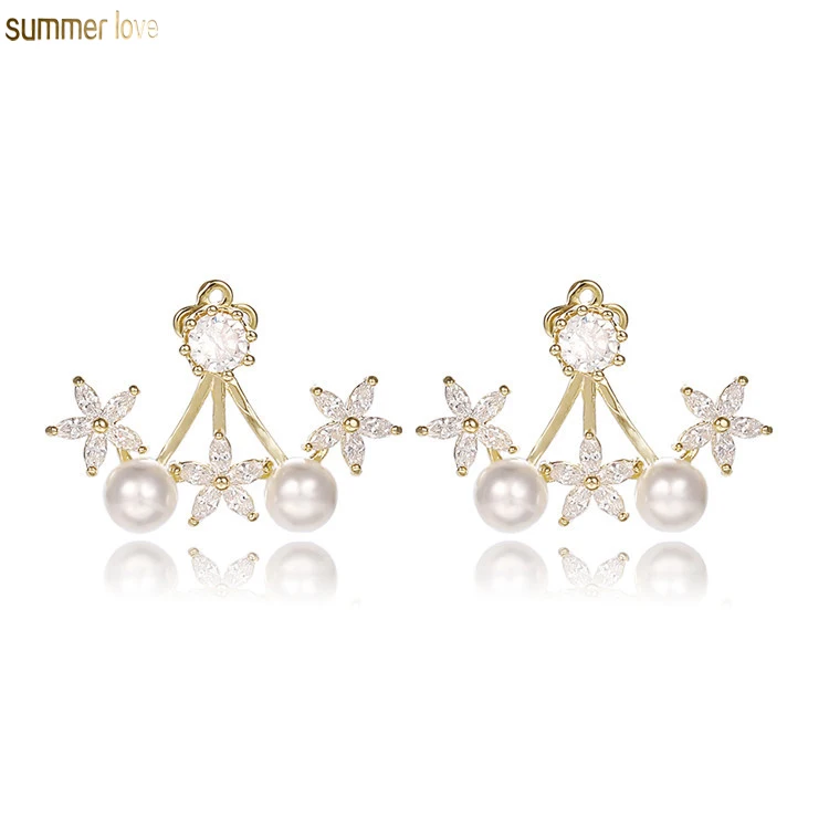 

European High Quality Zircon CZ Diamond Women Flower Pearl Stud Earrings Bridal Wedding Jewelry