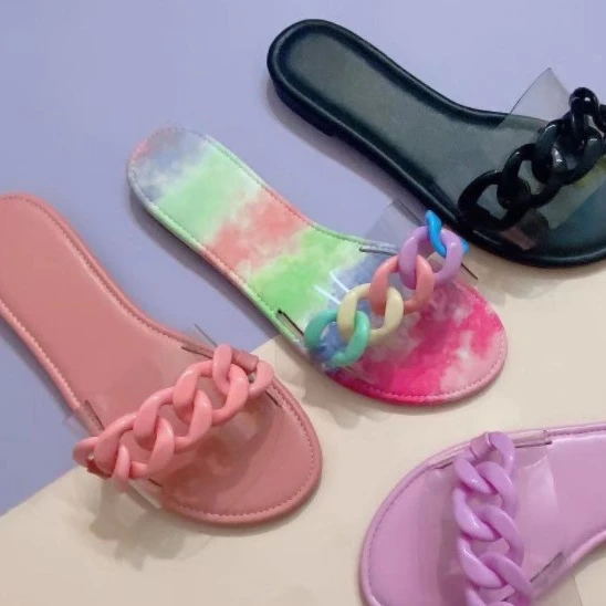 

KX-PL0129 New stylish fancy chain cute colorful plus size trendy flat shoes sandals for women and ladies