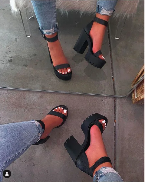 

Women Pumps Fashion Open Toe Block Heel Sandals PU Leather Buckle Strap Platform High Heels Party Shoes, Black;pink