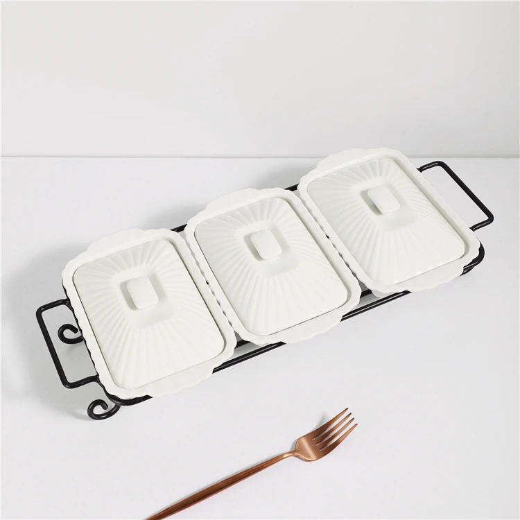 

Wholesale bulk durable 3 compartment custom porcelain snack serving bowl set with iron rack, White