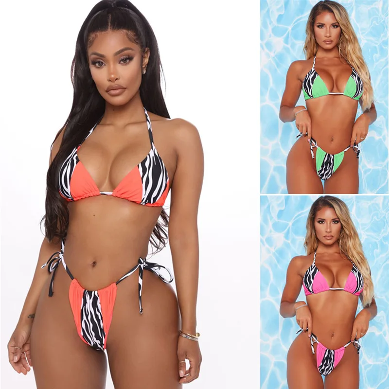 

qy2106 Latest design summer halter 2 piece swimsuits for women lace up patchwork women bikini crop top backless swimsuit 2021