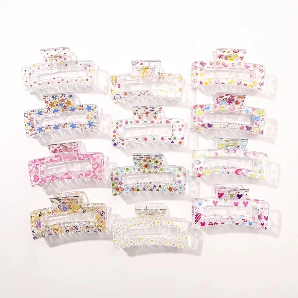 

Ins Hot Selling Plastic Hair Clips 8.5cm Simple Rectangle Printed Hair Claws For Women