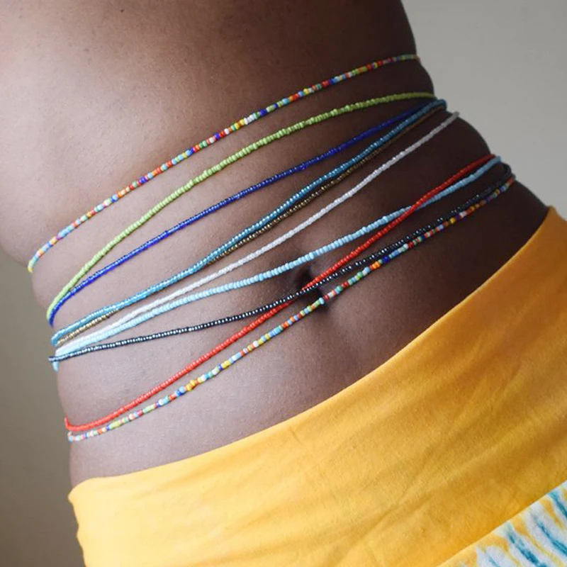 

Drop Shipping 74 color African Waist Beads Belly Chain Body Jewelry Bohemian Style Elastic Colorful Rice Bead Waist Chain