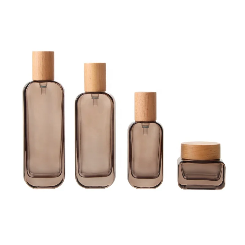 Ready to Ship 20ml 30ml 50ml square Glass Serum Essential Lotion Pump Bottle with Wood Lid