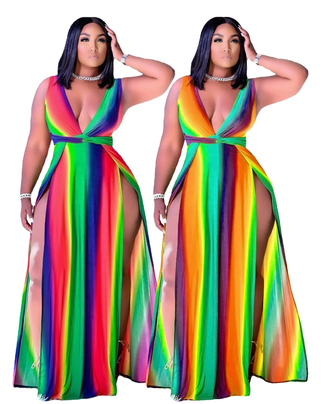 

KX-1277 Spring Summer loose multi-color deep v-neck casual printed striped maxi dress women slit plus size dress