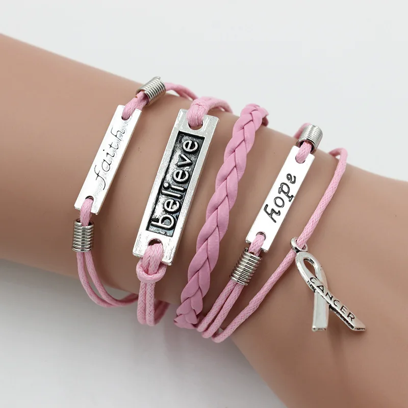 

Custom Jewelry Pink Cotton String Faith Believe Hope Cancer Multilayer Letter Bracelet for Women