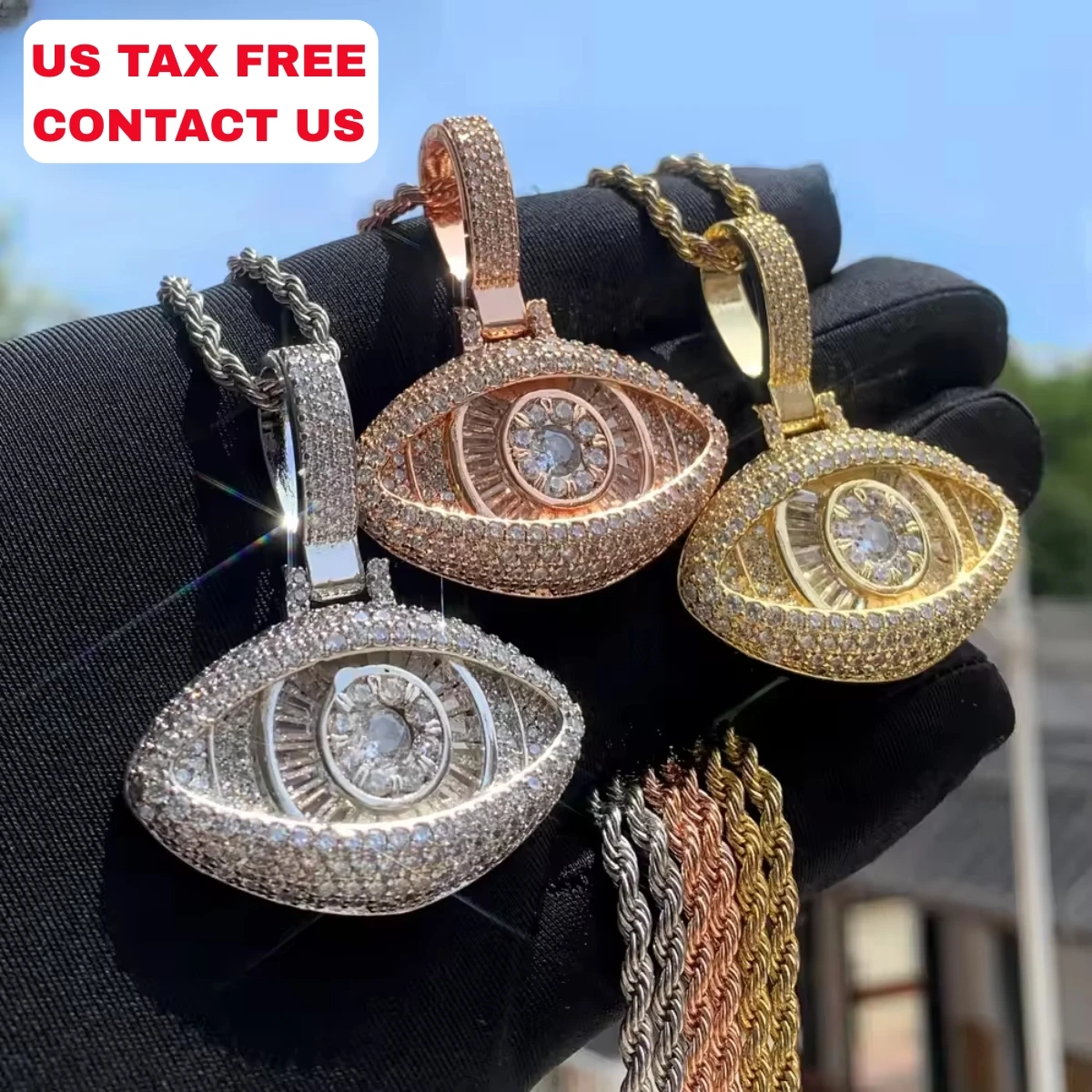 Hip Hop Jewelry Baguette Eye Pendant Necklace Iced Out 5A CZ Pendant Jewelry Fashion Eye Brass With Gold Silver Plated for Men