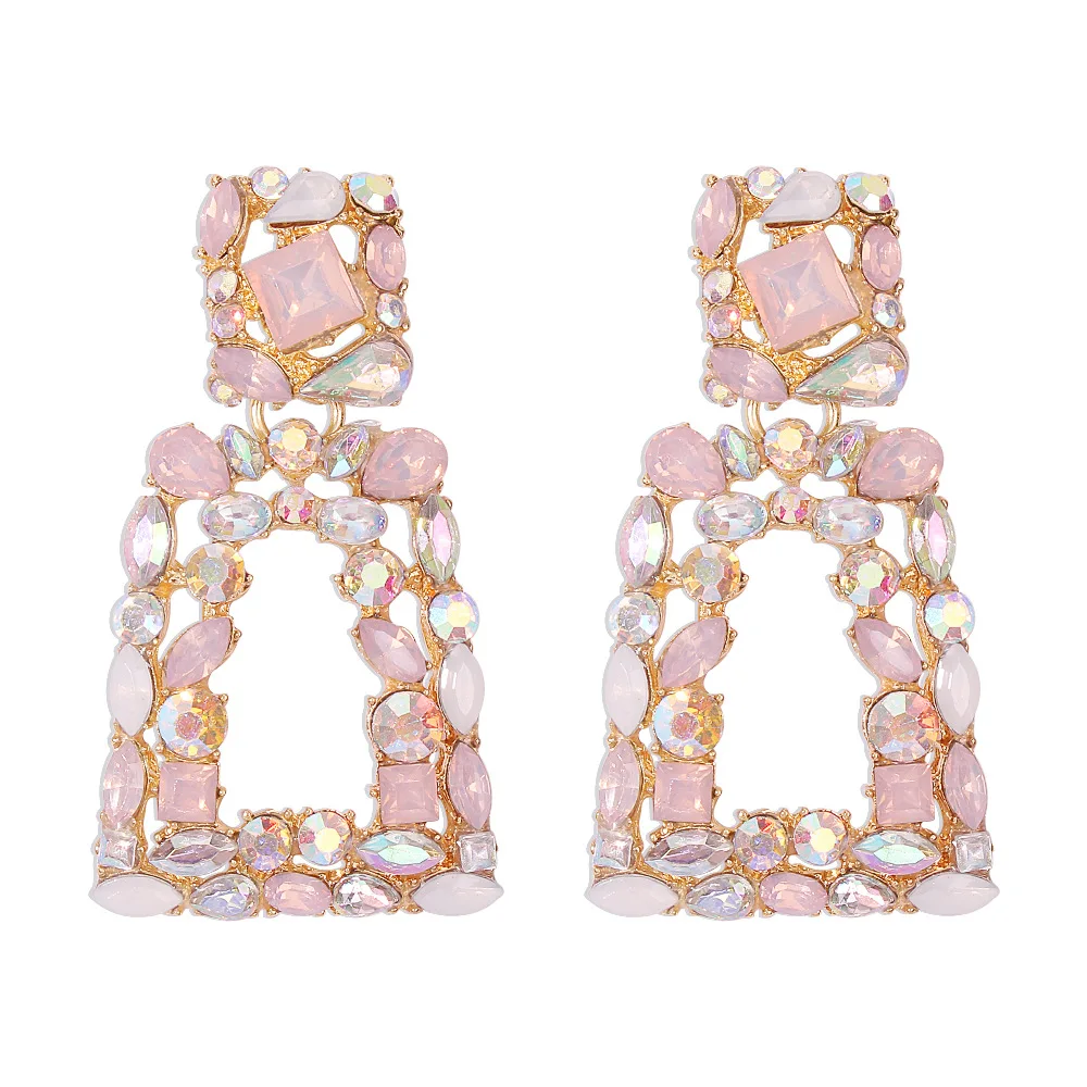 

Fashion Vintage Alloy Big Pink Trapezoidal Acrylic Diamond Rhinestone Gold Geometric Earrings For Girls
