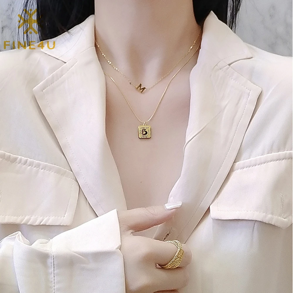 

Exclusive M alphabet Greek square gold coin double layer stainless steel charm letter necklace