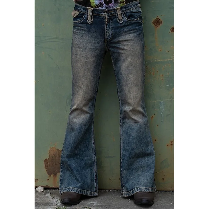 

Wholesale Fashion Customize LOGO Men's Jeans Elasticity Skinny Bell Bottom Jeans pants, As picture