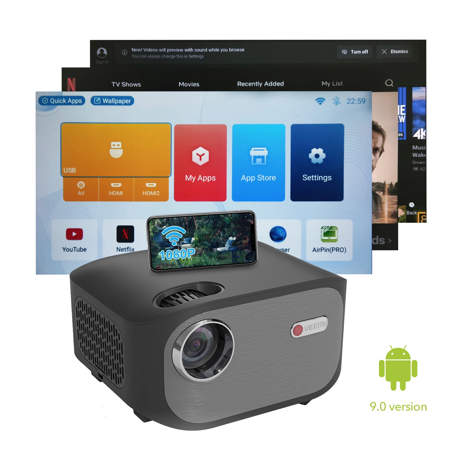 

High Quality Portable LED Storage 1G+8G Proyector Android 9.0 Projector for Home theater and Entertainment