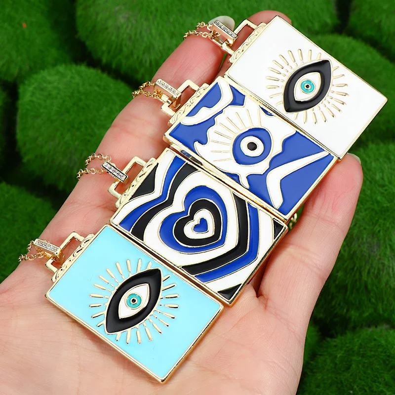 

Newest Style Real Gold Plated Long Rectangle Enamel Evils Eyes Heart Tags Necklace For Women