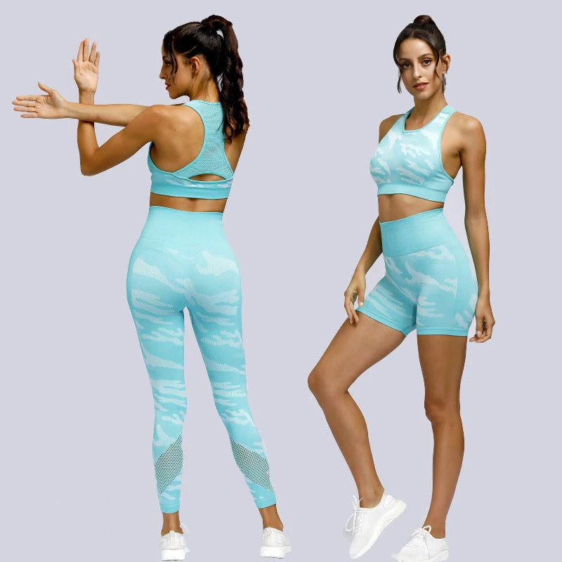 

Women Seamless Camo Gym Workout Set Leggings Sports bra and Shorts 3 pcs Sportswear Active Wear Set