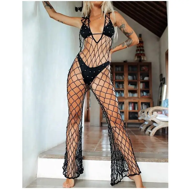 

2019 Wholesale Clothing China Black Fishnet Beaded Jumpsuit Jumpsuits