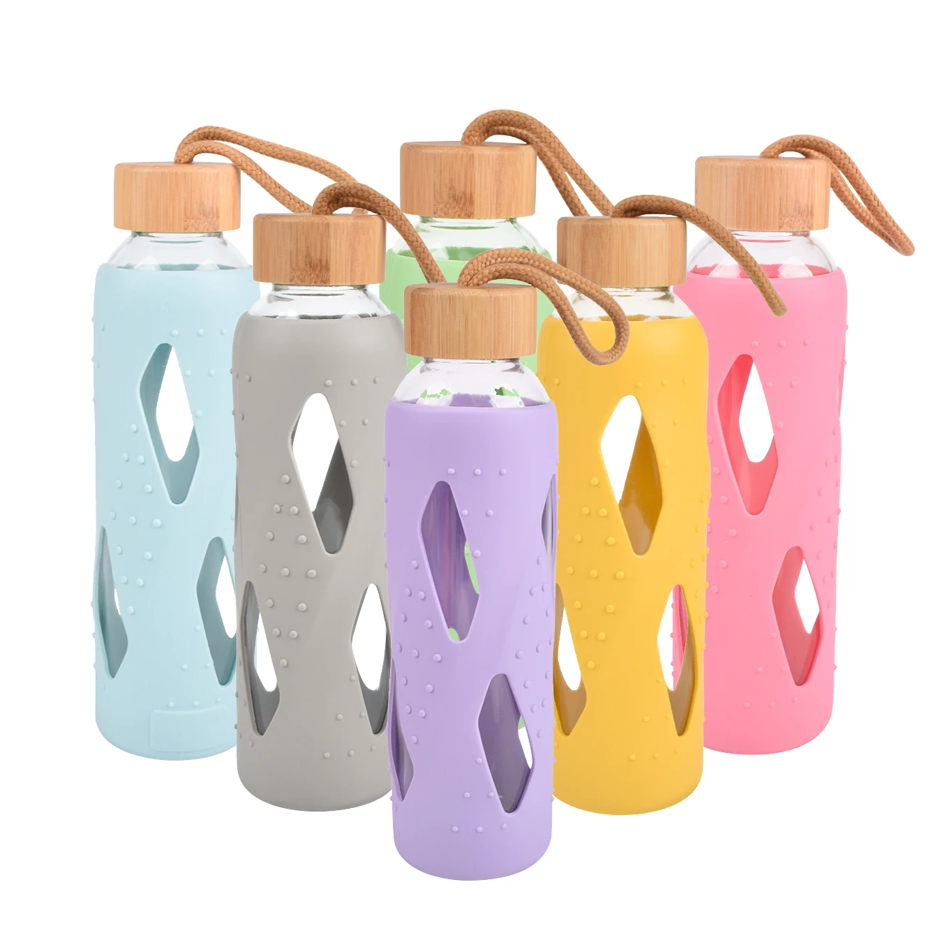 

BPA Free Bamboo Lid Protective Silicone Reusable Glass Water Bottle with Silicone Sleeve, Purple,pink,orange,grey,green,yellow,cyan,light blue