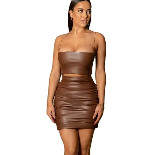 

ST0154 2021 Summer New In Stock PU Leather Tube Bodycon Halter Top Mini Two Piece Sexy Skirt Set, Brown