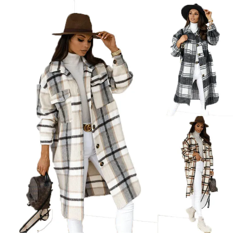 

2021 Autumn Wholesale Long Sleeve Ladies Plaid Woolen Coat with Pocket Jacket Woman Jacket