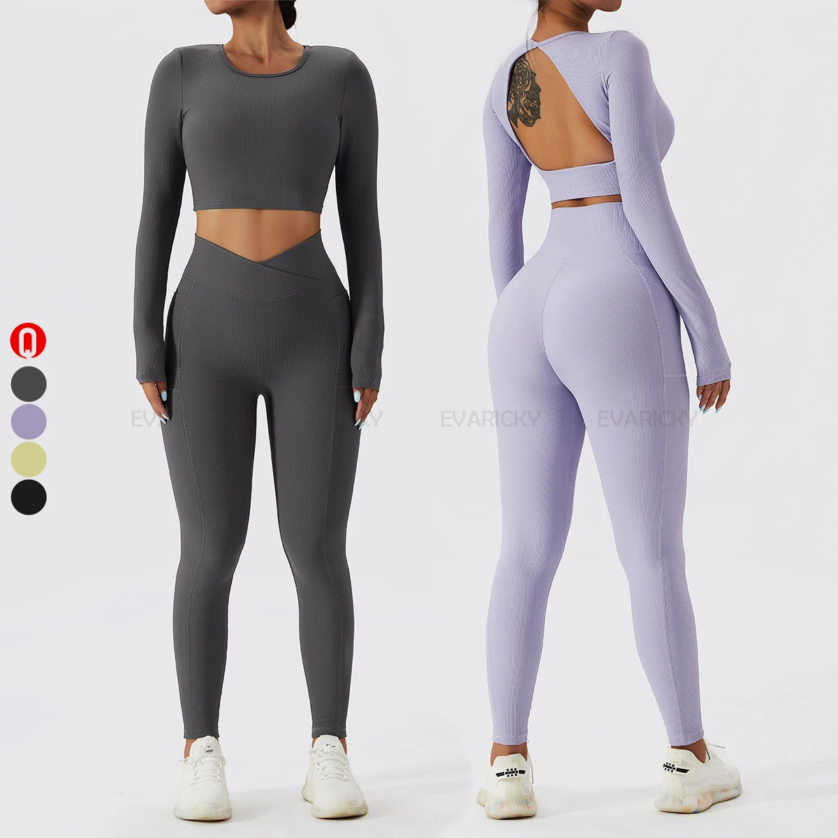 

Custom Logo Hollow Back Long Sleeve Crop Top Cross Waist Yoga Leggings 2 Piece Set Gym Fitness Workout Women Set