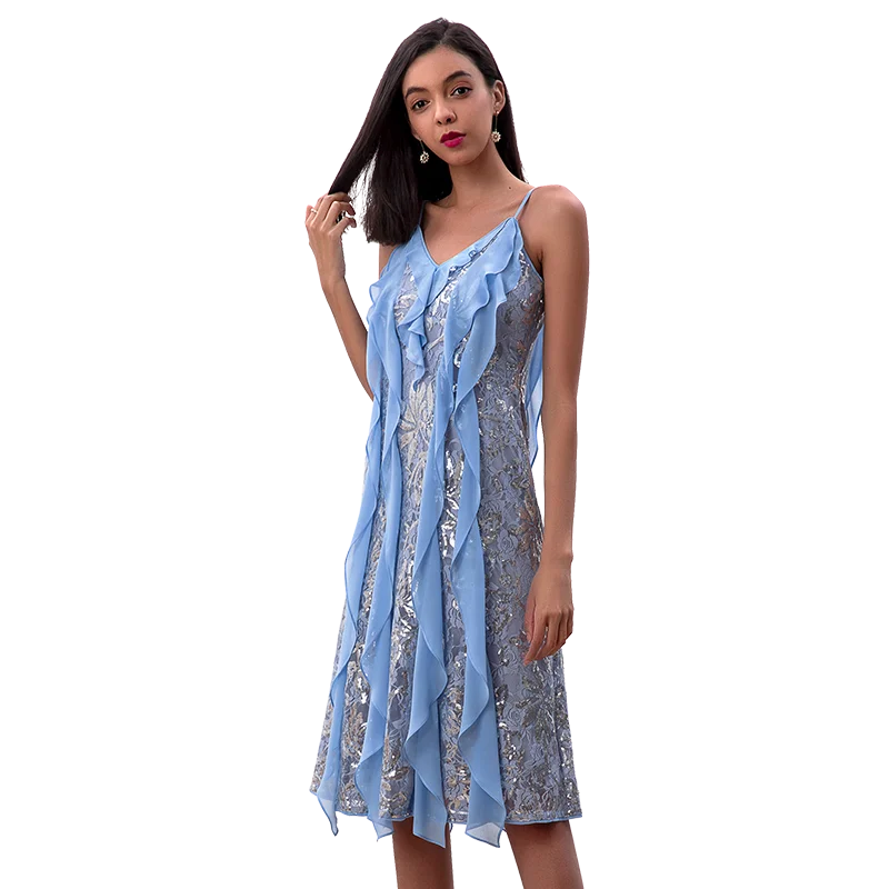 

D227 Summer Fall High Quality Fashion Elegant Embroidered Sequined Lace Tea length Midi Long Strap Women Party Evening Dress