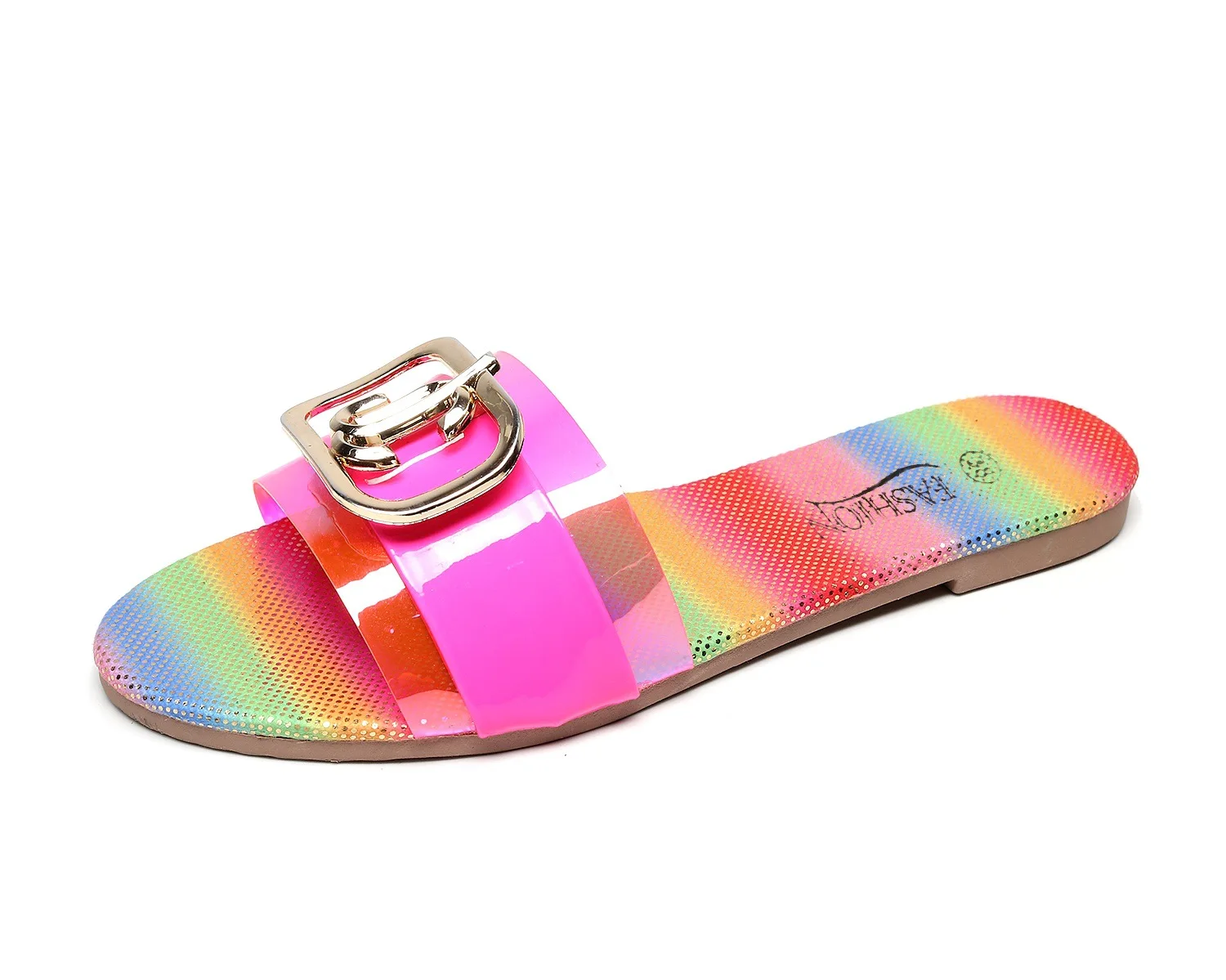 

SD-28 Beautiful sequined rainbow PU leather sole & transparent PVC cross strap open toe beach slipper women summer flat sandals, Picture show , squine colors
