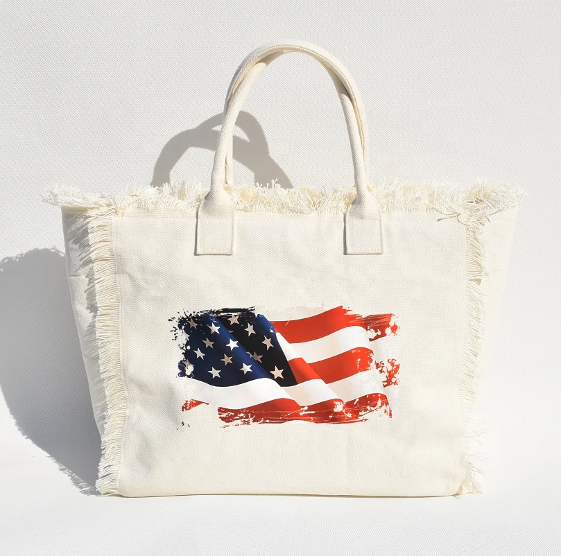 

Eco friendly Summer Weekend Custom Printed Logo heat Tranfer National Flag Canvas Handbag Fringe Tassel Beach Bag
