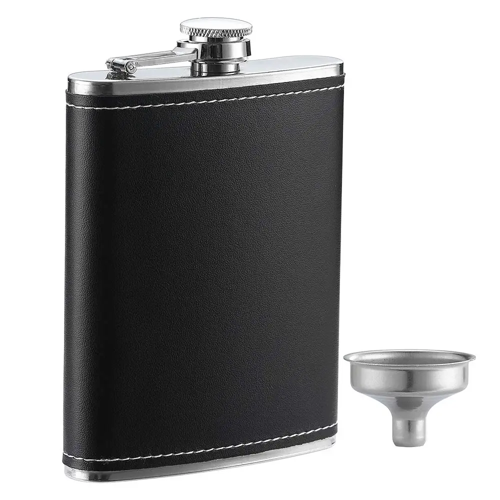 

18/8 304 Food Grade 8 oz Stainless Steel Liquor Curved Pocket Flask Hip Flask with Black Leather Cover, Stainless steel color/customized color