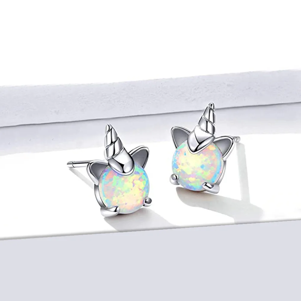 

Creative Children Jewelry 925 Stamp Unicorn Cat Ears Opal Stud Earrings White Opal Stud Earrings For Baby Gifts