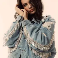 

2019 luxury ladies denim jacket oversize fashion women rhinestones fringes beading jean ripped distressed denim jacket coat