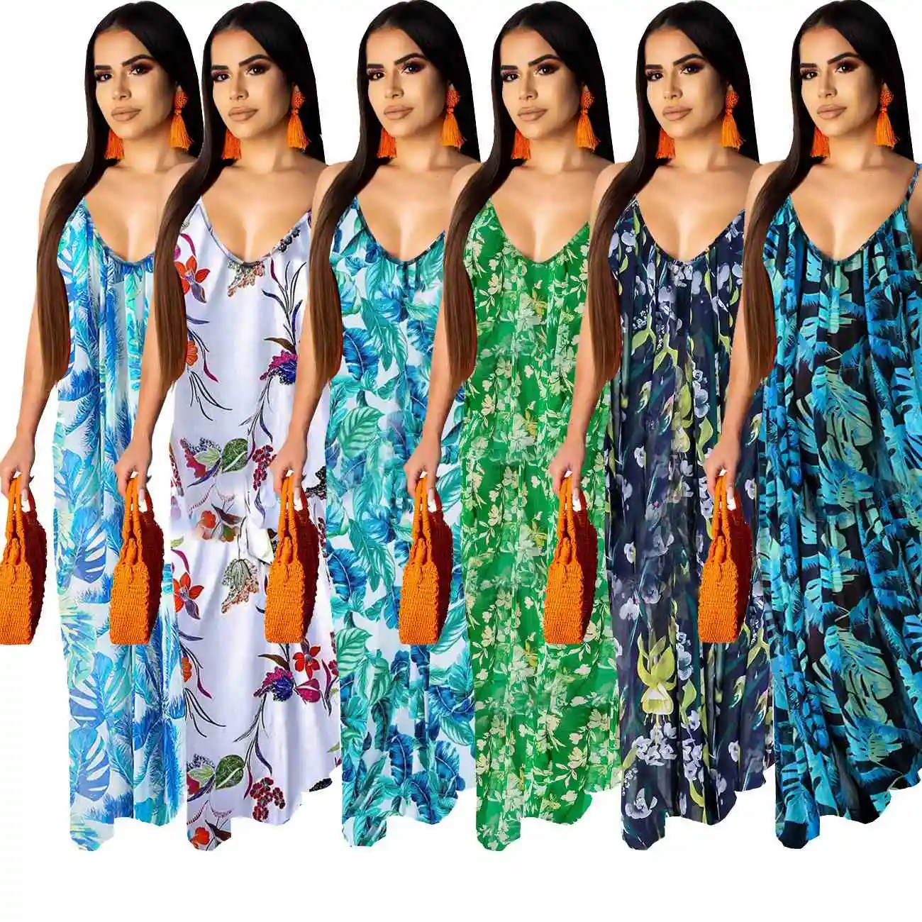 

2021 Summer Beach Tie Dye Plus Size Sleeveless Dress Print Maxi Elegant Long Women Floral Casual Dresses