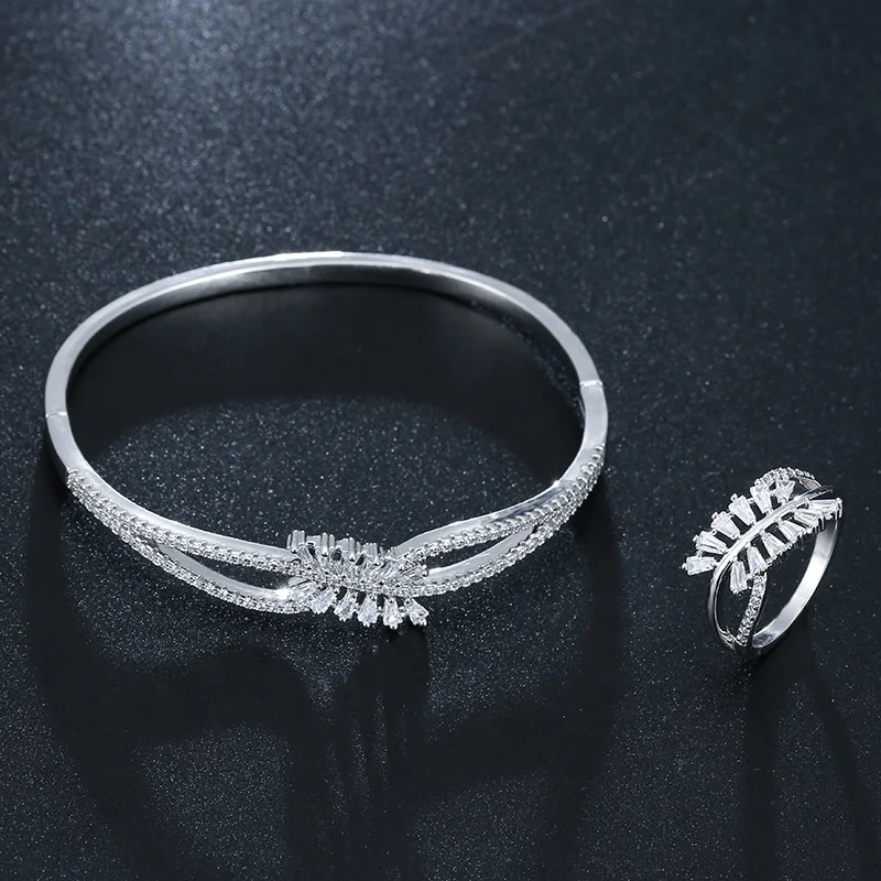 

Wholesale luxury 18K gold plated brass leaf zirconi engagement bangle ring jewelry set