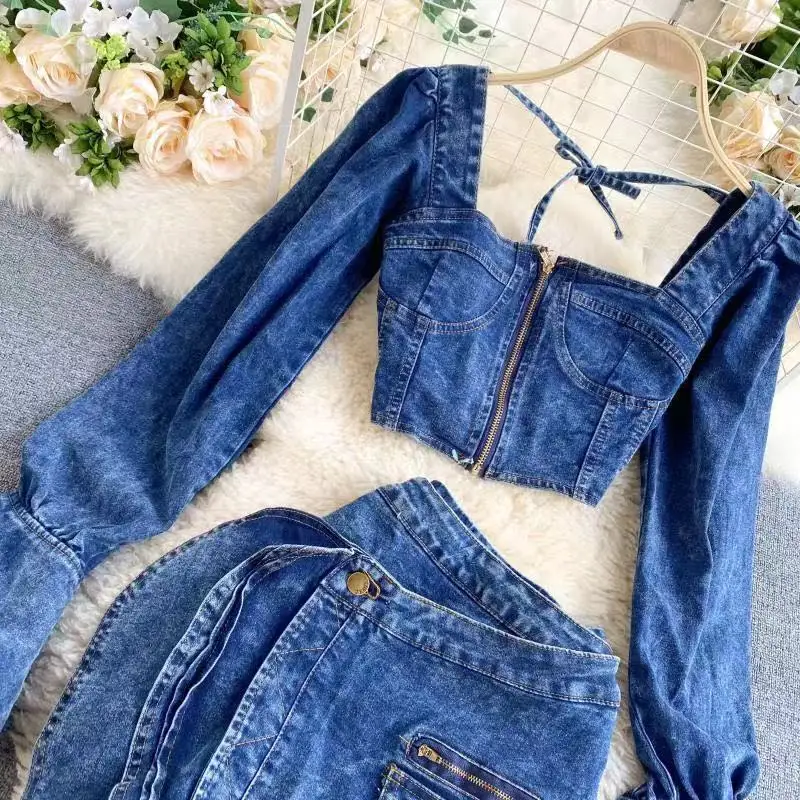 

New fashion new design sexy short long-sleeved denim jacket high waist bag hip short skirt denim two-piece suit, Denim blue