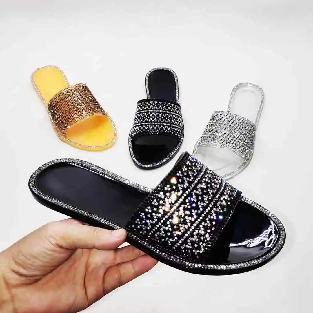 

Summer 2021 factory wholesale slippers with rhinestone pattern ladies slip on flat jelly shoes for indoor&outdoor footwear, As picture