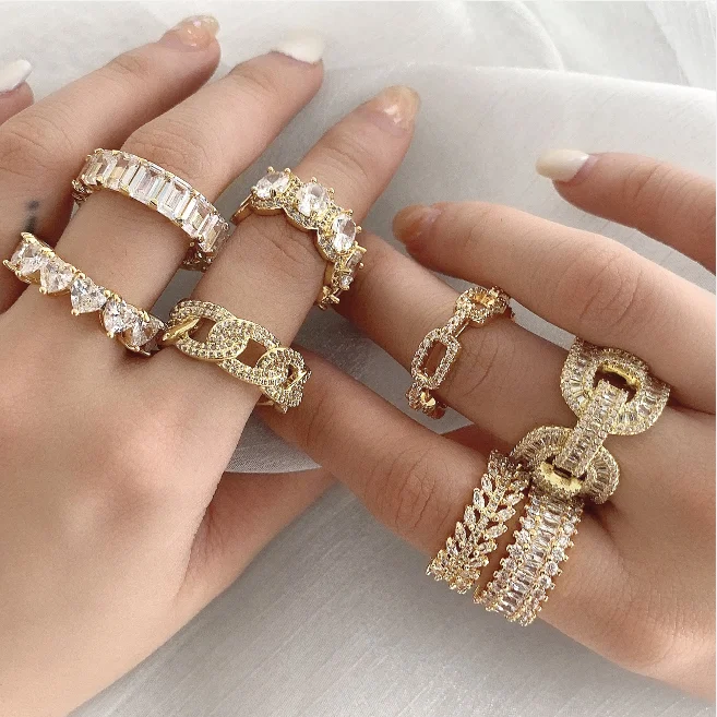 

men jewelry hip hop 18k gold plated iced out cuban link chain ring cubic zirconia diamond baguette crystal finger rings