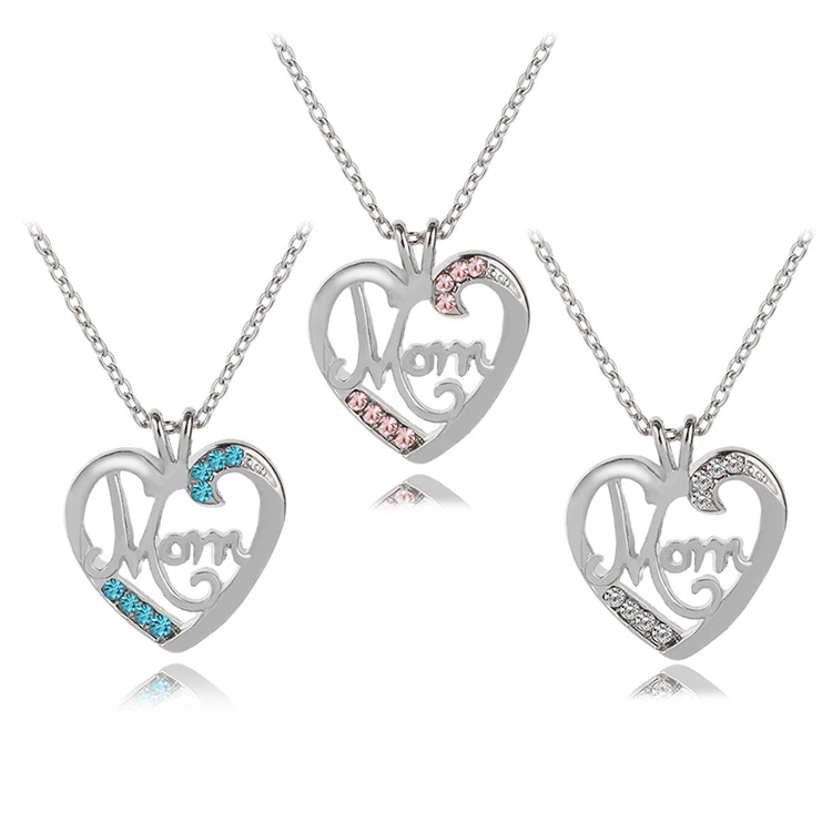 

2021 mothers day jewelry silver mom crystal rhinestones heart shaped pendant necklace for mothers day gifts fast shipping