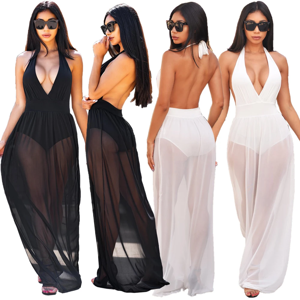 

Latest V Neck Elegant Mesh Lace-up Halter Romper Sexy Long Dress