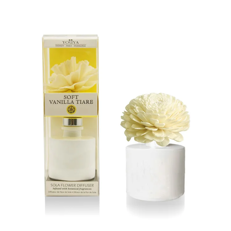 

Wholesale OEM elegant Vanilla home sola flower diffuser in white glass bottle with PVC gift box