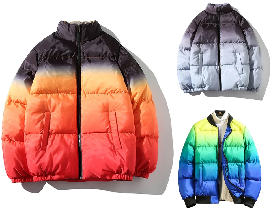 

Wholesale All Over Dip Dye Gradient Printed Men's Winter Warm Puffer Down Jacket, Customized