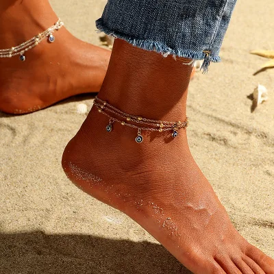 

Boho Summer Beach Multilayers Evil Eyes Tassel Anklet Gold Plating Evil Eyes Bead Link Chain Anklet