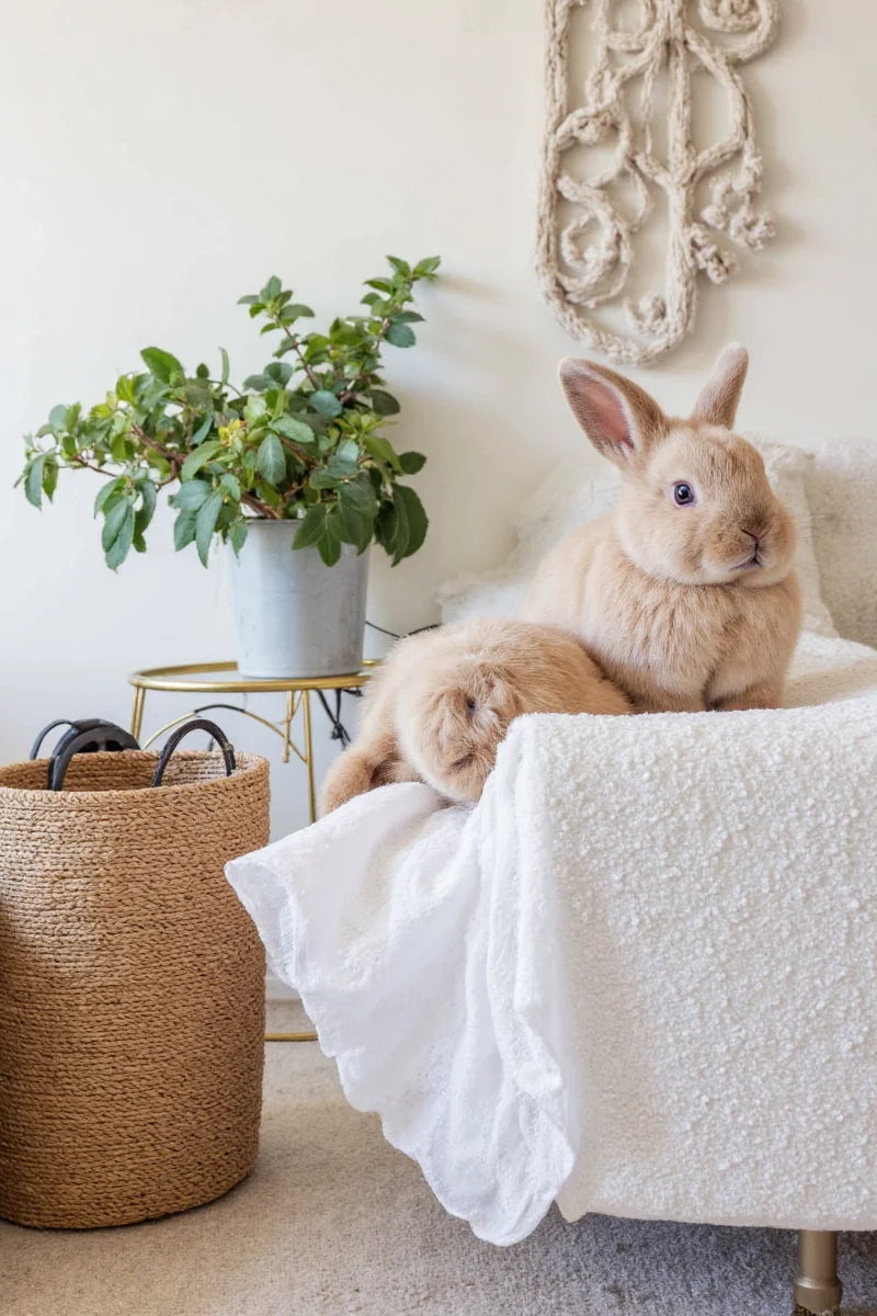 Modern living room with a built-in bench that opens to store bunny toys and supplies underneath.