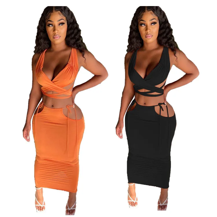 

2021 summer new skirts suits for women ladies fashion sexy club night 2pcs long skirts bandage dress suits halter bras