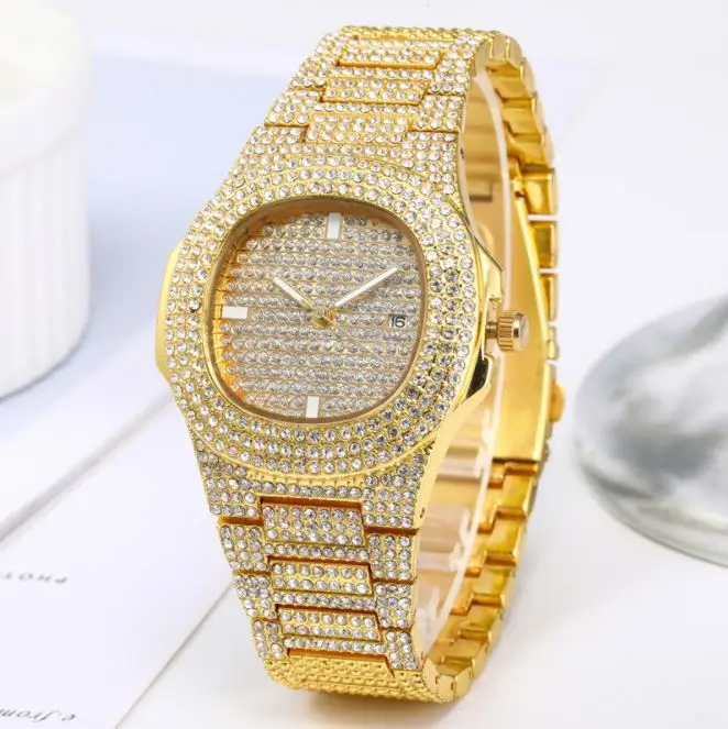 

Stainless Steel Shiny Crystal Rhinestone Quartz Watch Wrist Brand Slim Hip Hops Iced Out Watches For Men Women, 4 colors