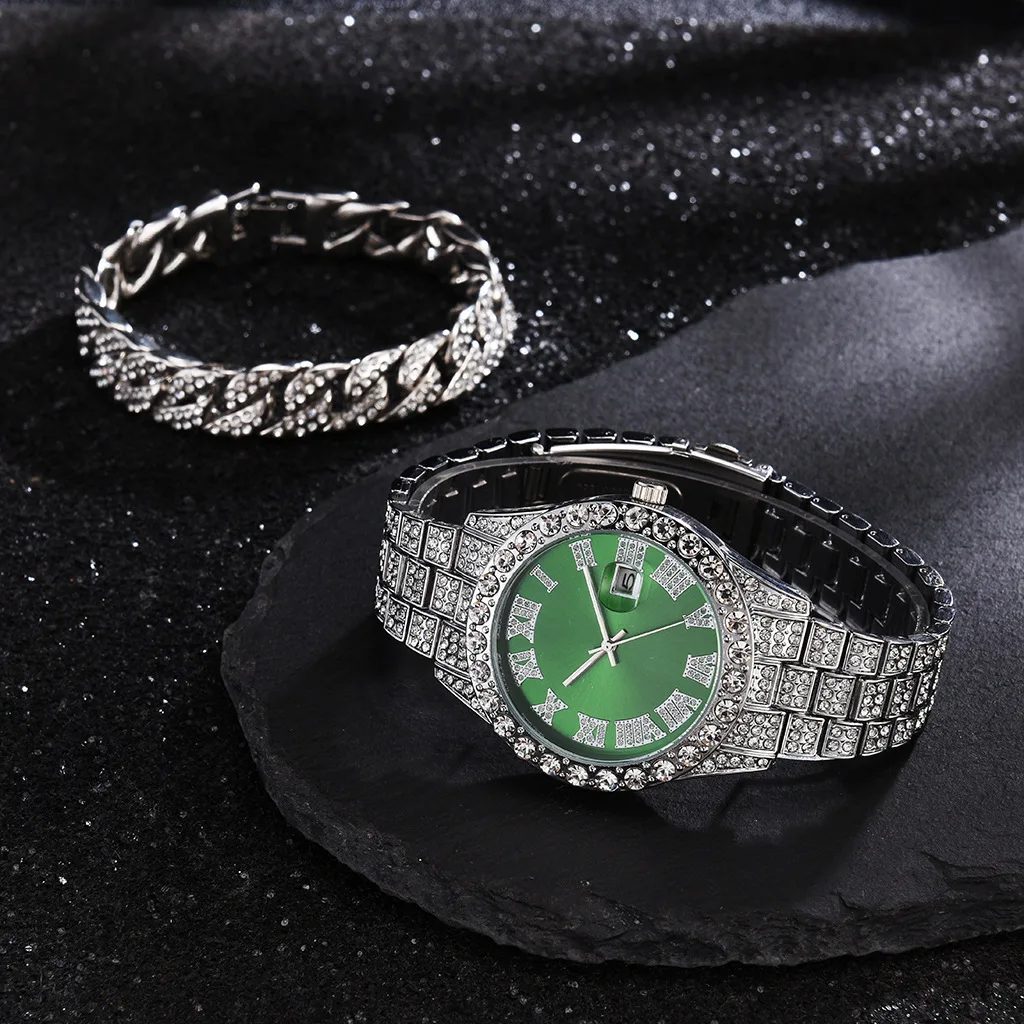 

2Pcs/Set Hips Hops Iced Out Zircon Diamond Watch Set Bling Bling Rhinestone Crystal Cuban Chain Necklace Bracelet Set