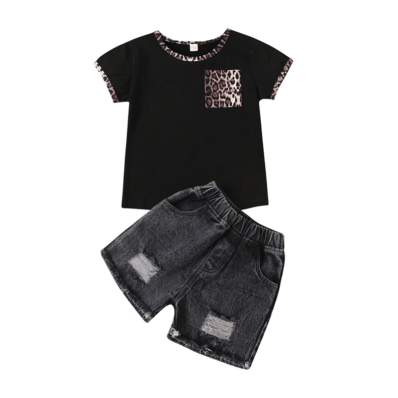 

2021 new design leopard pocket black t-shirt denim shorts children summer clothing girls outfit sets, As picture show