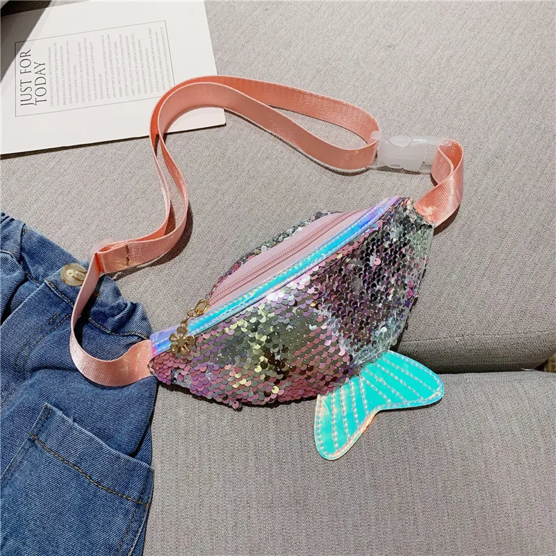 

2021 Cute Fishtail Childrens Girls Waist Bag Kids Glitter Sequin Belt Paillette Cartoon Coin Purses Travel Spangle Chest Bag