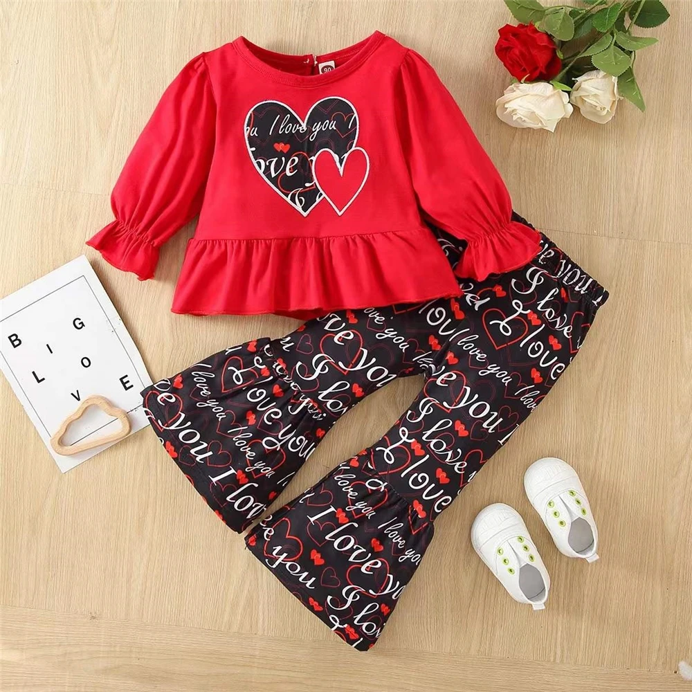 

J&H 2022 new design lovely kids green outfits 2 piece girls heart embroidery shirt and bell bottoms casual toddler clothes, 2 colors