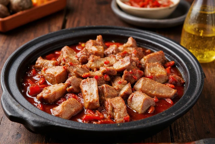 Sichuan twice-cooked pork belly with garlic, ginger, and dried red chilies in black clay pot