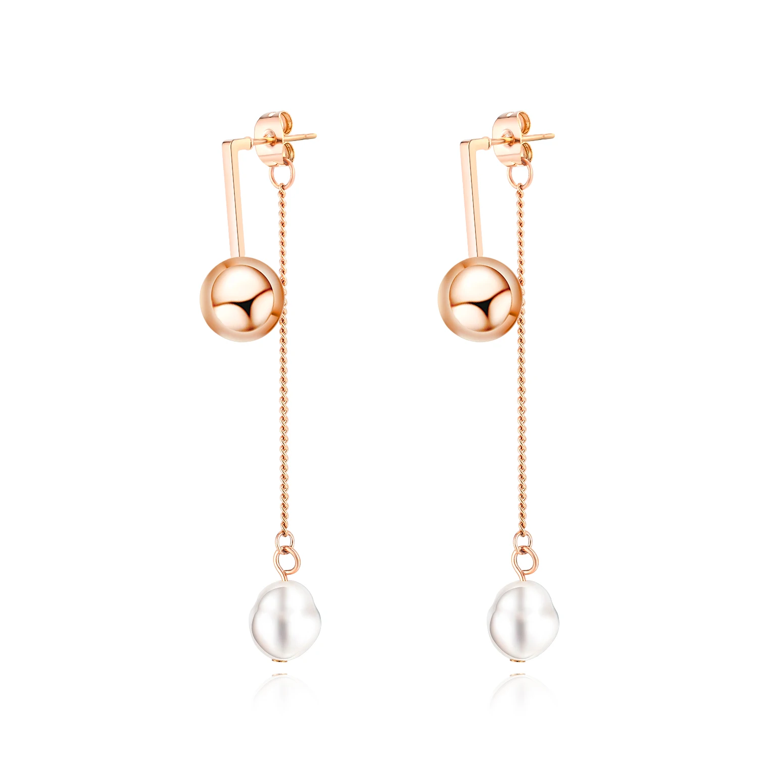 

Delicate Fashion Stainless Steel Women Long Custom Round Pearl Earrings, Rose gold,accept custom color