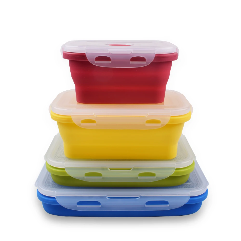 

4 Pack Kids School Collapsible Food Meal Prep Lunchbox Containers Foldable Tiffin Bento Silicone Storage Bins Lunch Boxes Set, Red/yellow/blue/green/purple/orange/pink/light blue