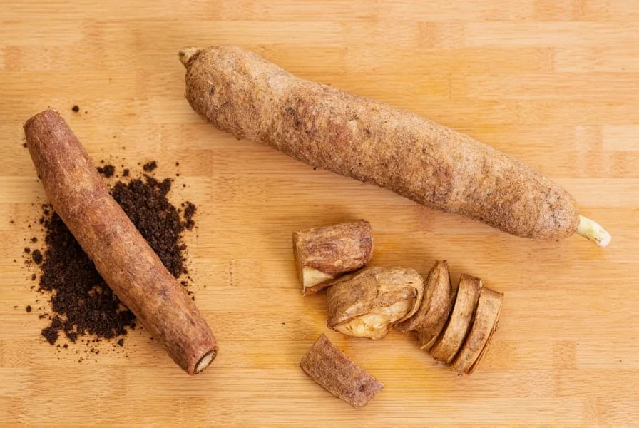 Fresh anise root with soil still attached next to prepared peeled and sliced root on wooden cutting board