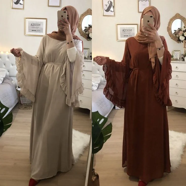 

Wholesale Custom Abaya 1 PeiceTurkish Muslim Woman Luxury Modest Chiffon Ruffled Sleeves Abaya Women Muslim Dresses Dubai Abaya